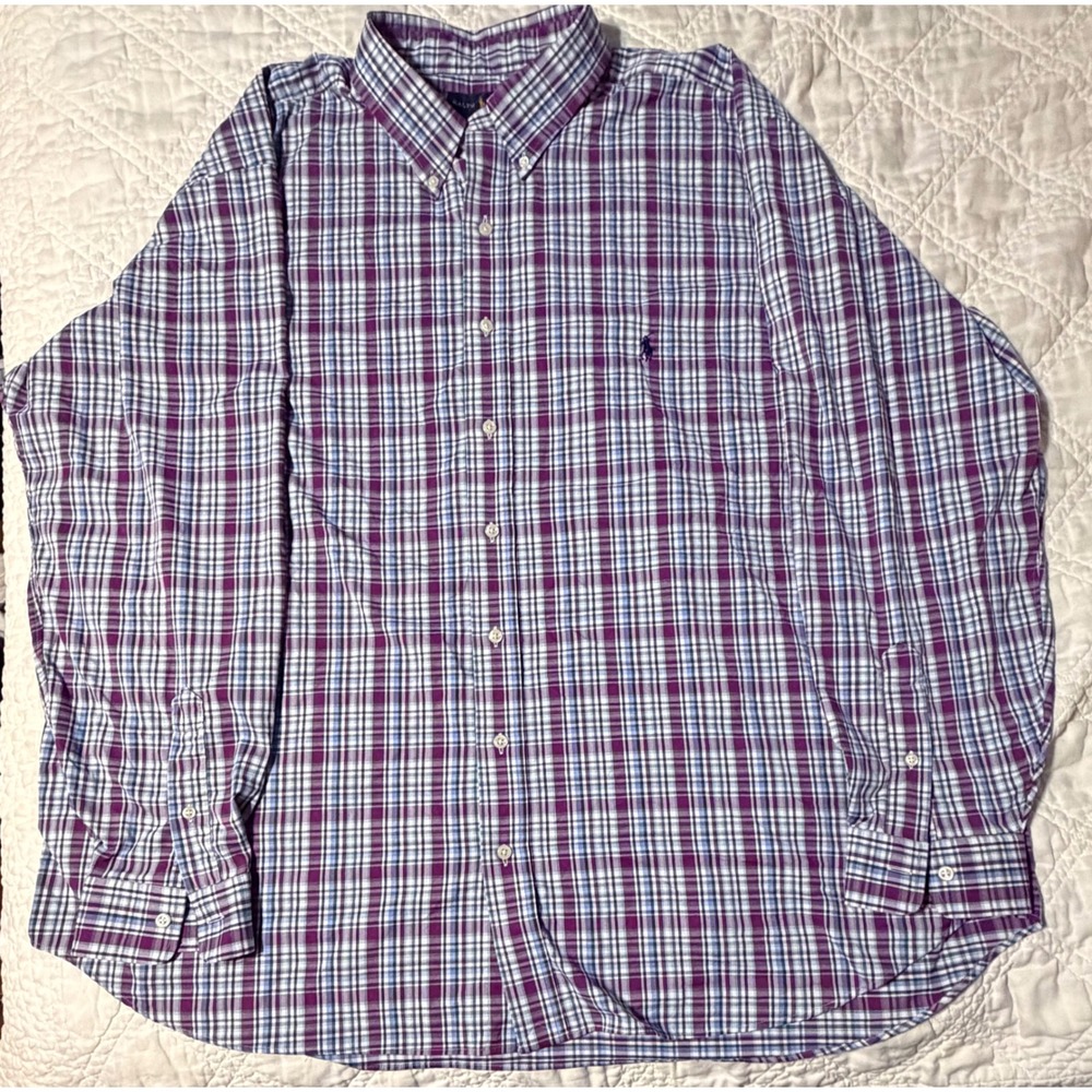 Polo Ralph Lauren Button Down Men 2XB Purple Plaid Performance Long Sleeve Shirt